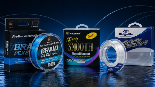 Bingolife braided, monofilament and fluorocarbon fishing line comparison