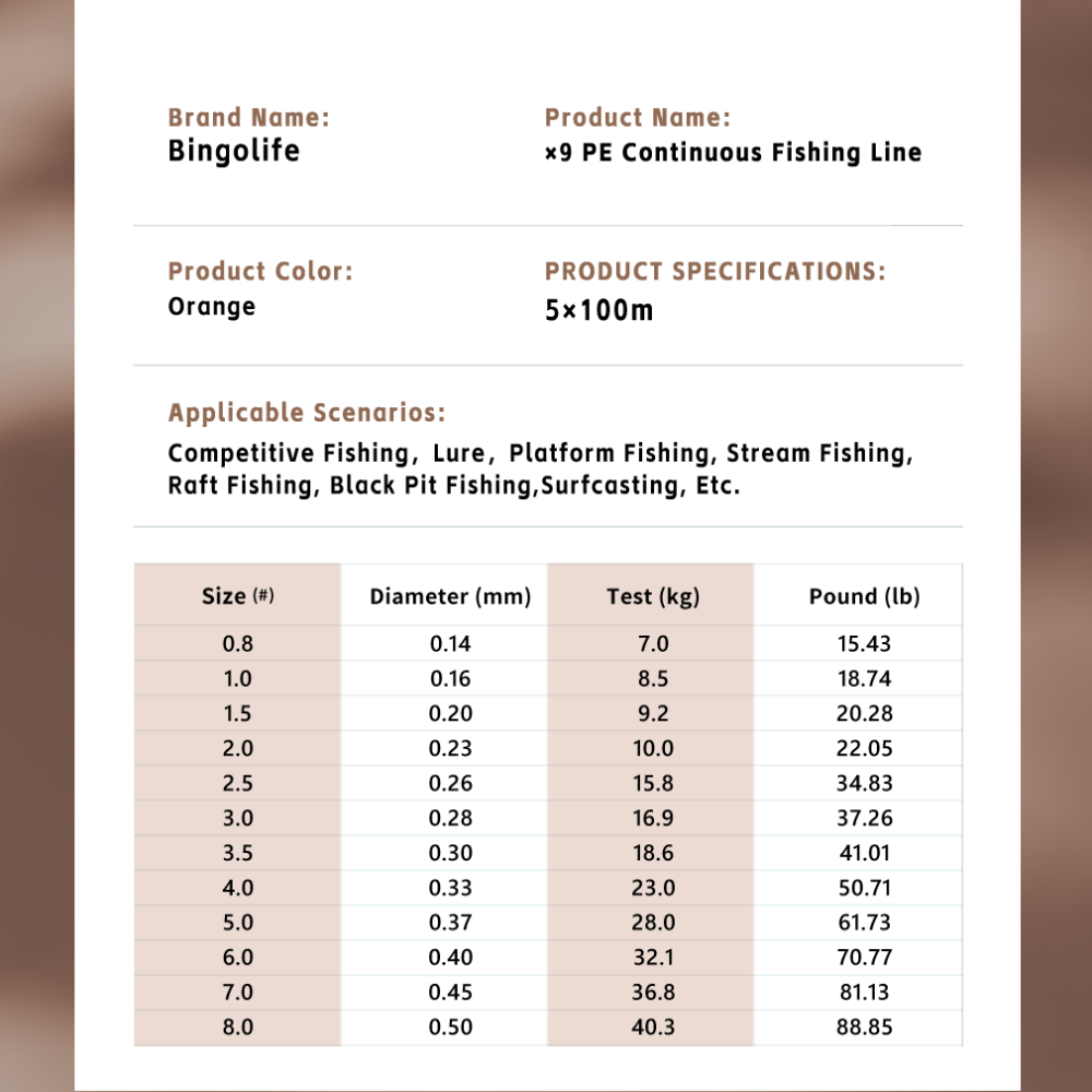 Bingolife Orange PEX9 Braid Line - Continuous 9-Strand PE Braided Spool - 5×100 Meters Full Roll