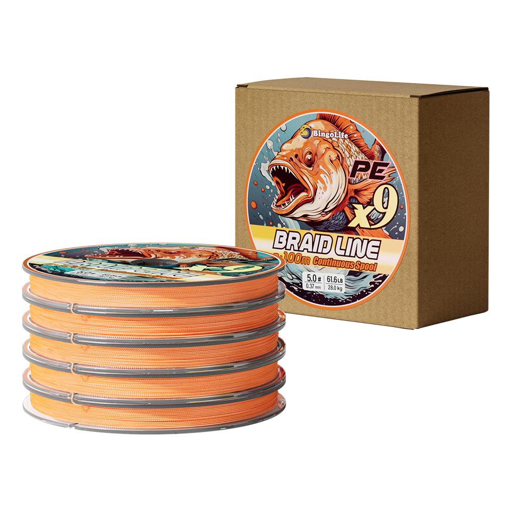 Bingolife Orange PEX9 Braid Line - Continuous 9-Strand PE Braided Spool - 5×100 Meters Full Roll