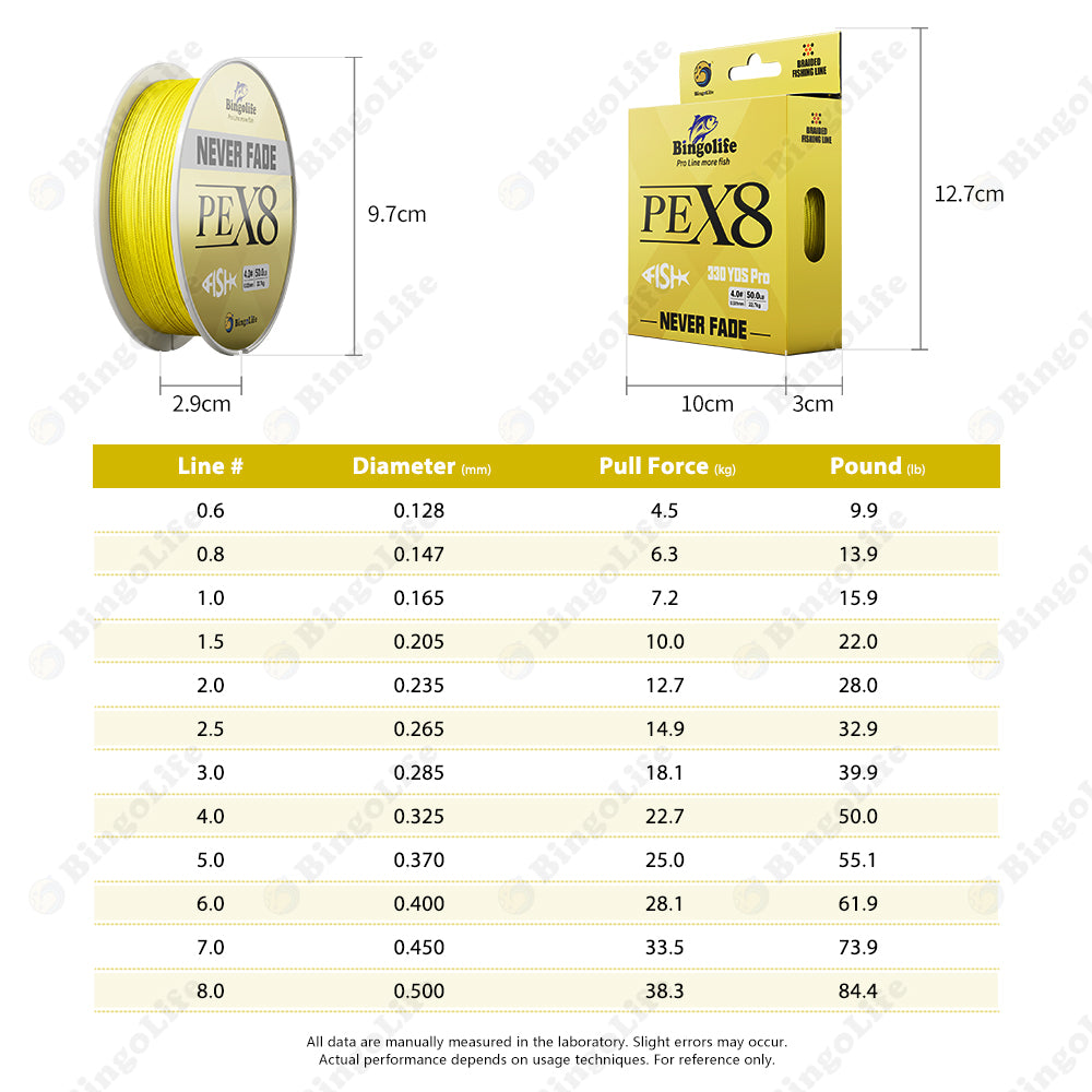 Bingolife Never-Fade PEX8 Braid Line 330 YDS Yellow