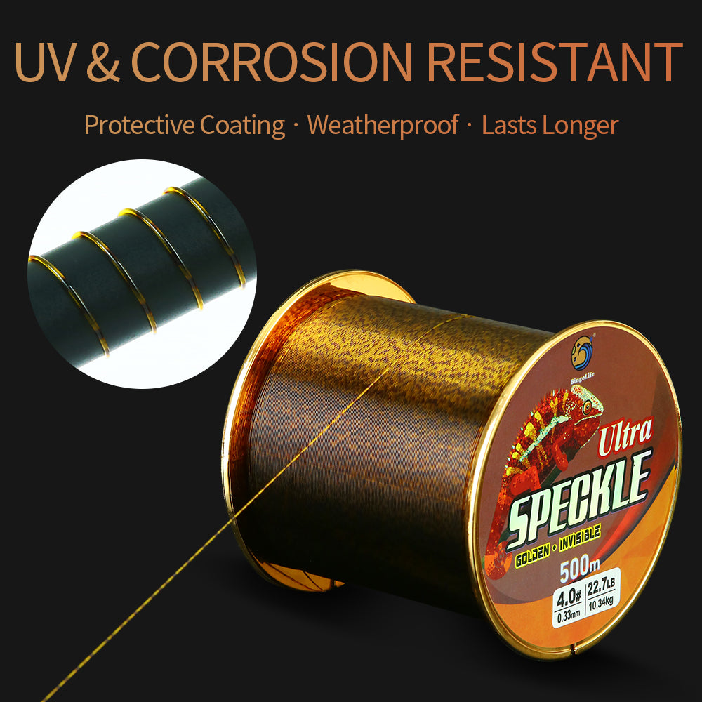 Bingolife HQ Invisible Speckle Monofilament 540 YDS Gold Spotted Mono Line for Carp Fishing