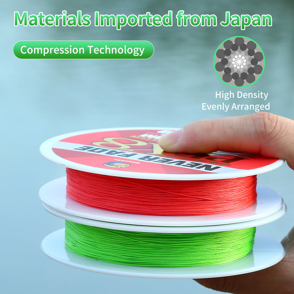 Close-up of green and red PEX8 spools and braid construction