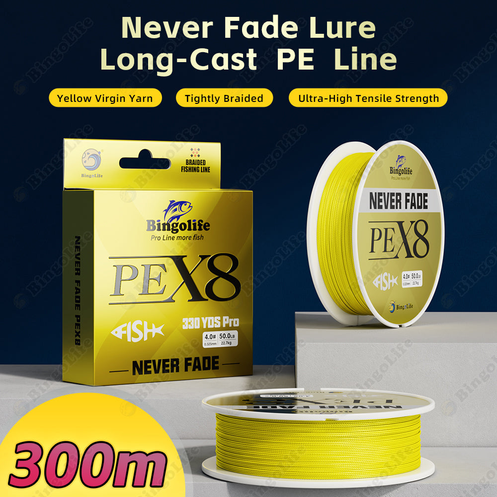 Yellow Never Fade PEX8 spool and packaging
