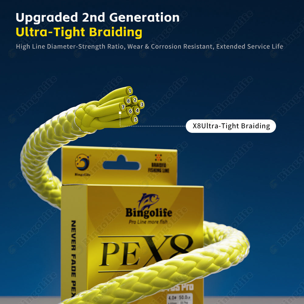 Yellow PEX8 eight-strand braid construction detail