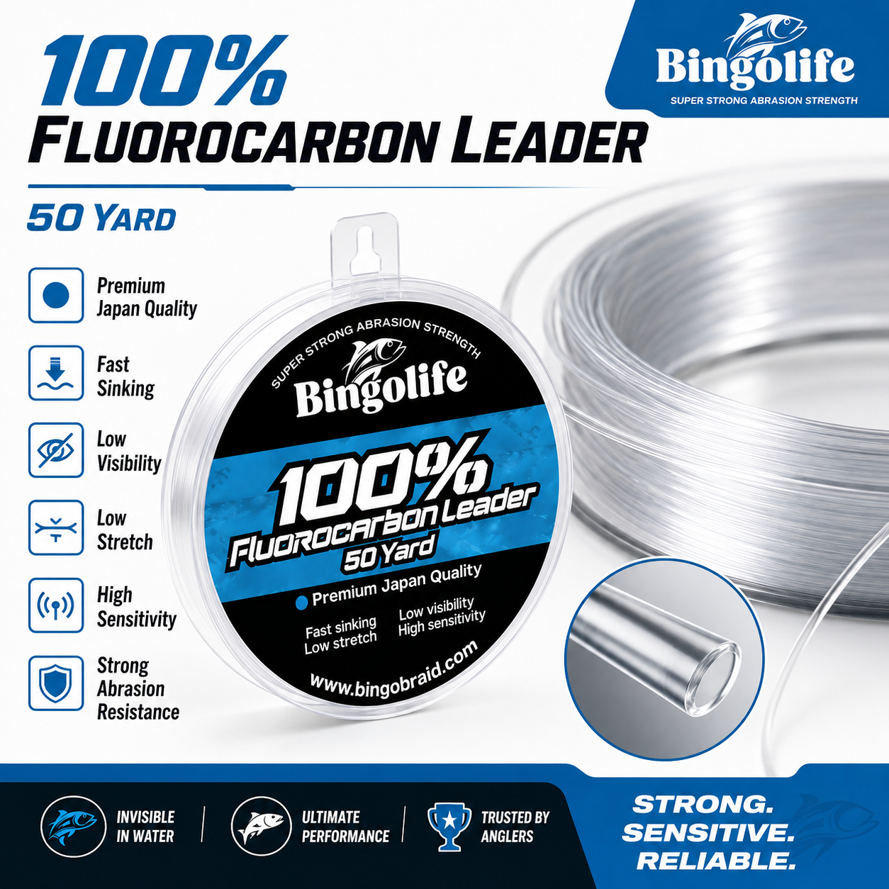100% Fluorocarbon Leader Line 50 Yard | Low Visibility & Abrasion Resistant Fishing Line
