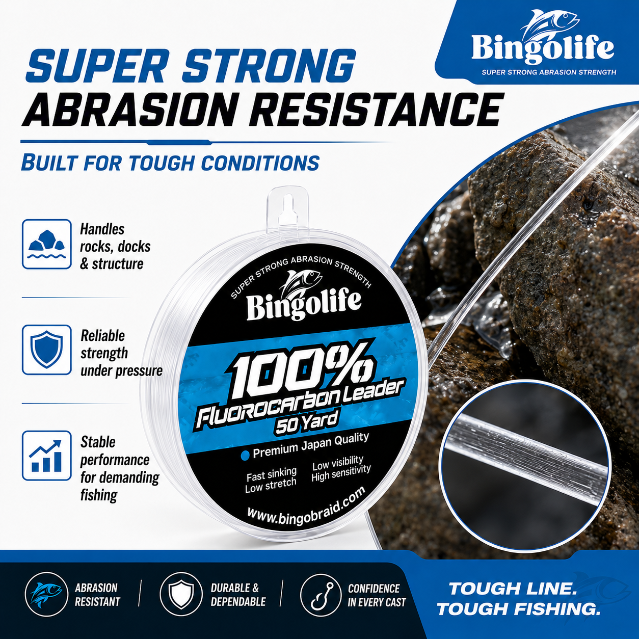 100% Fluorocarbon Leader Line 50 Yard | Low Visibility & Abrasion Resistant Fishing Line