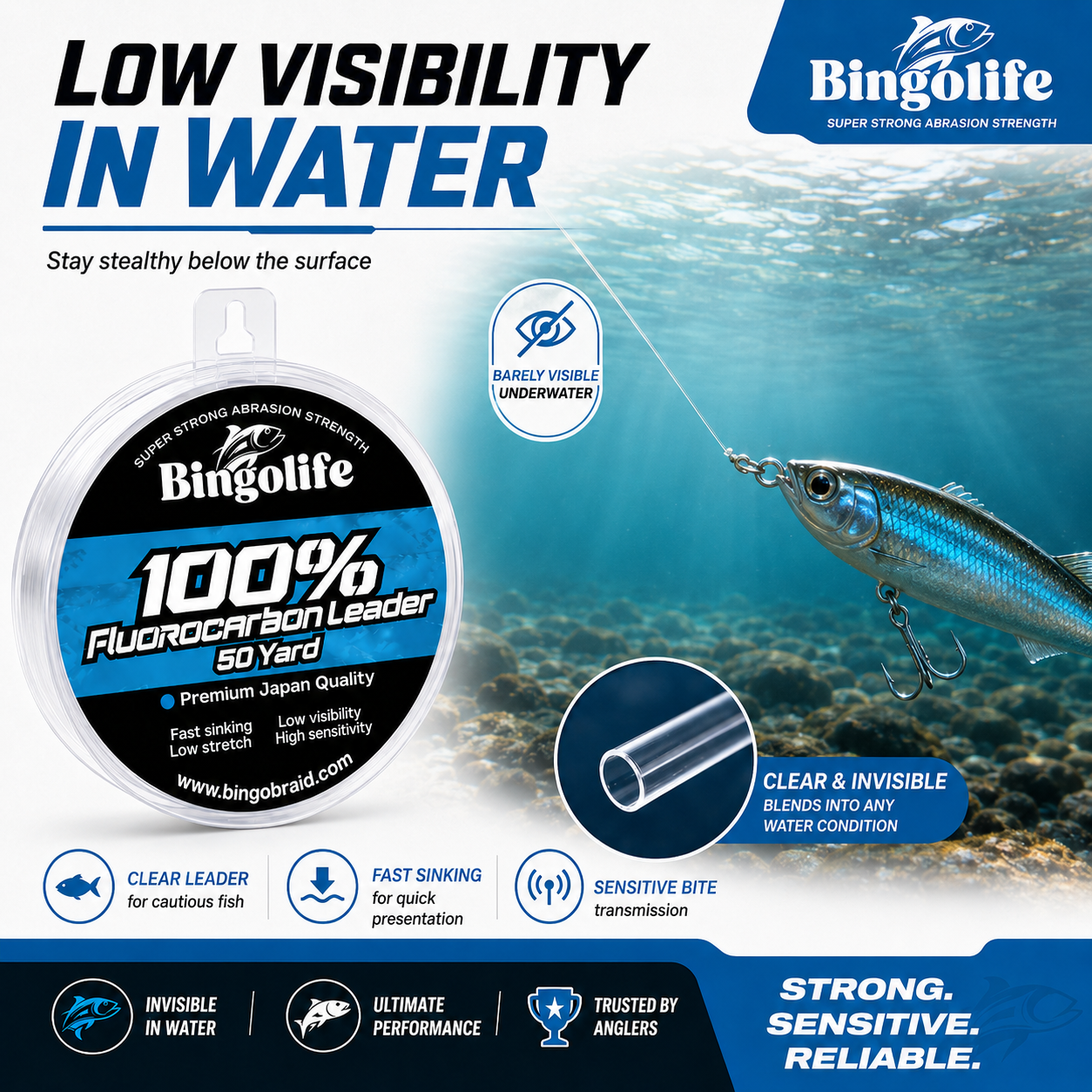 100% Fluorocarbon Leader Line 50 Yard | Low Visibility & Abrasion Resistant Fishing Line