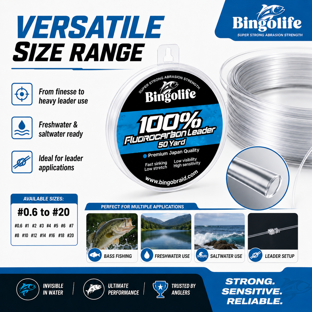 100% Fluorocarbon Leader Line 50 Yard | Low Visibility & Abrasion Resistant Fishing Line