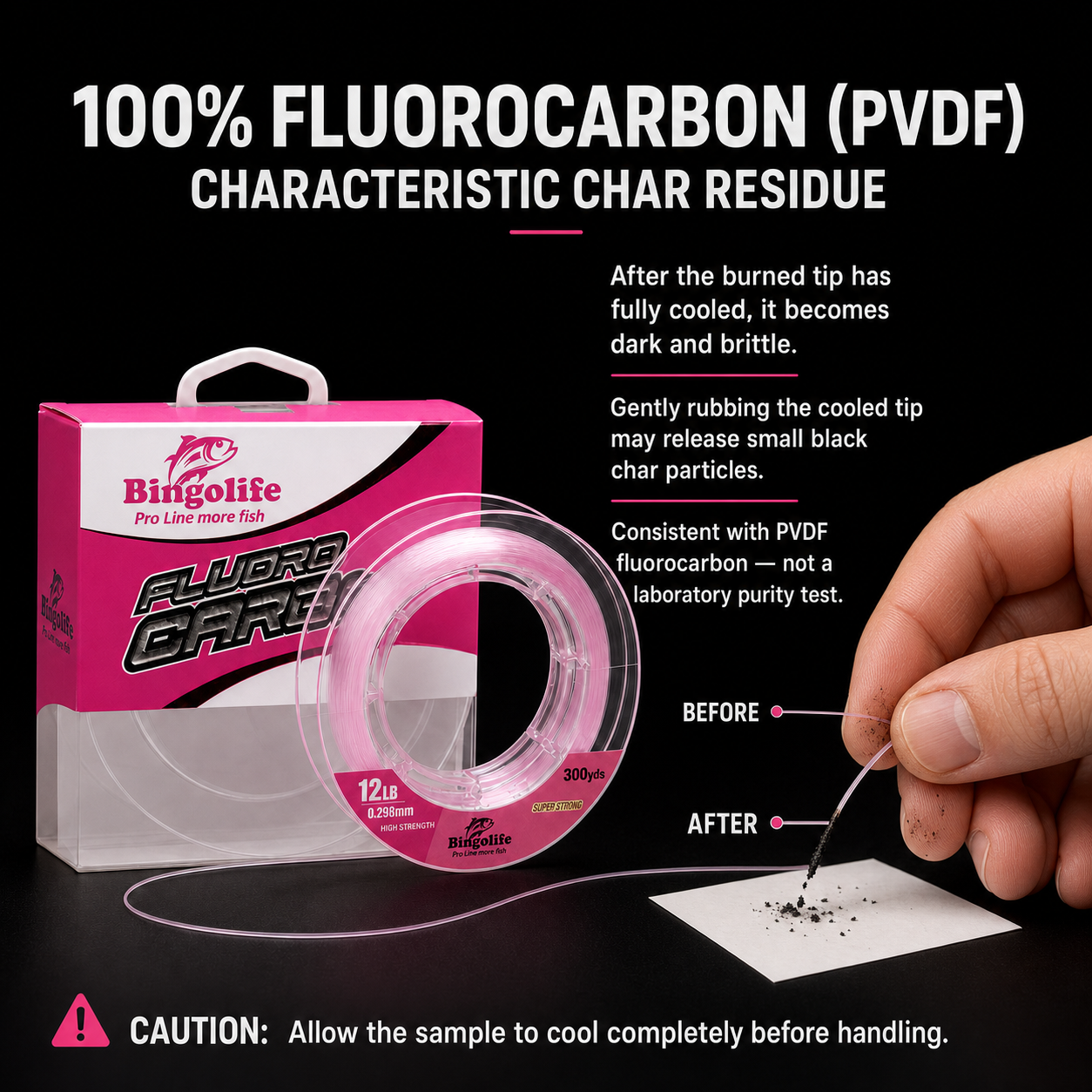 Bingolife 100% fluorocarbon PVDF line cooled char residue hand test showing a dark brittle tip and small black particles