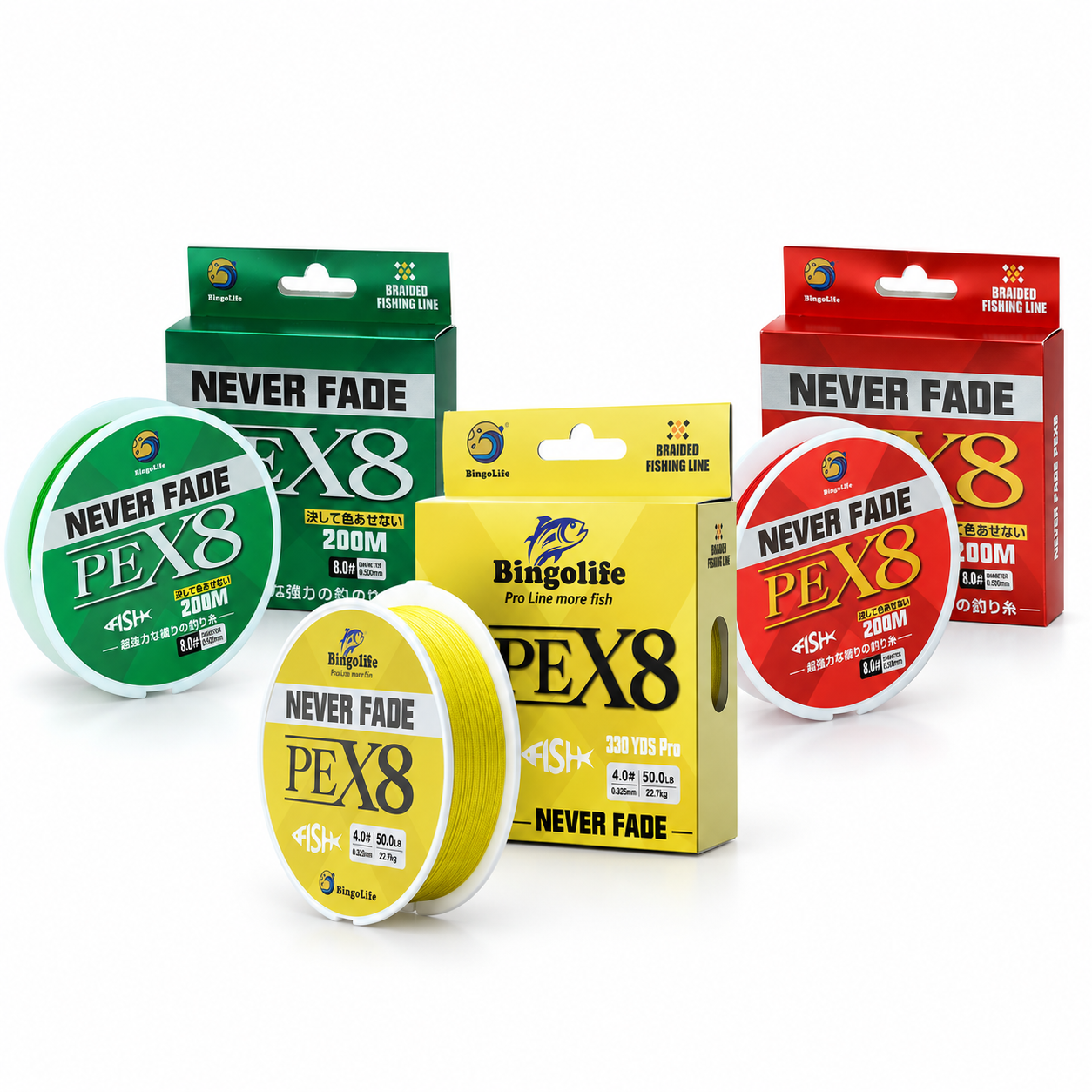 Bingolife Never Fade PEX8 braided fishing line series: green, red and yellow spool options