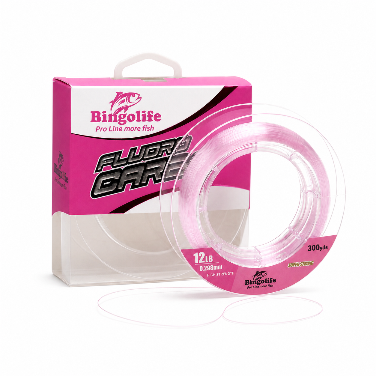 Bingolife 100% pink fluorocarbon fishing line 300 yards product package and spool on white background
