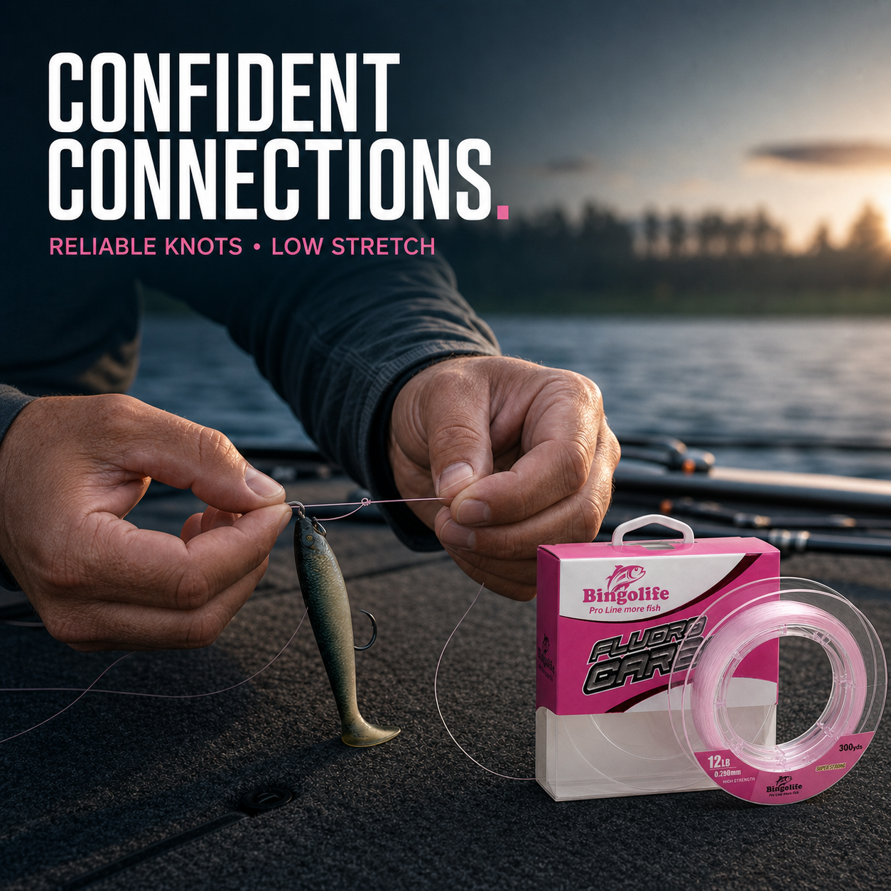 Angler tying Bingolife pink fluorocarbon line to a fishing lure