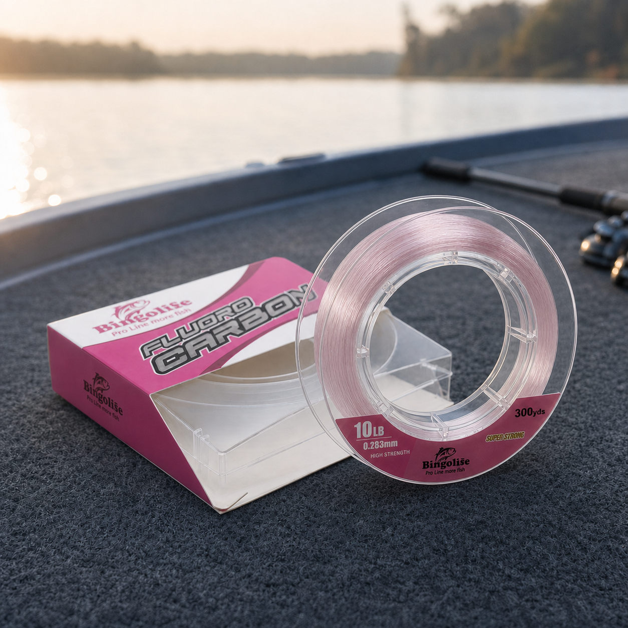 Bingolife pink fluorocarbon fishing line 300 yards in open retail packaging on a fishing boat