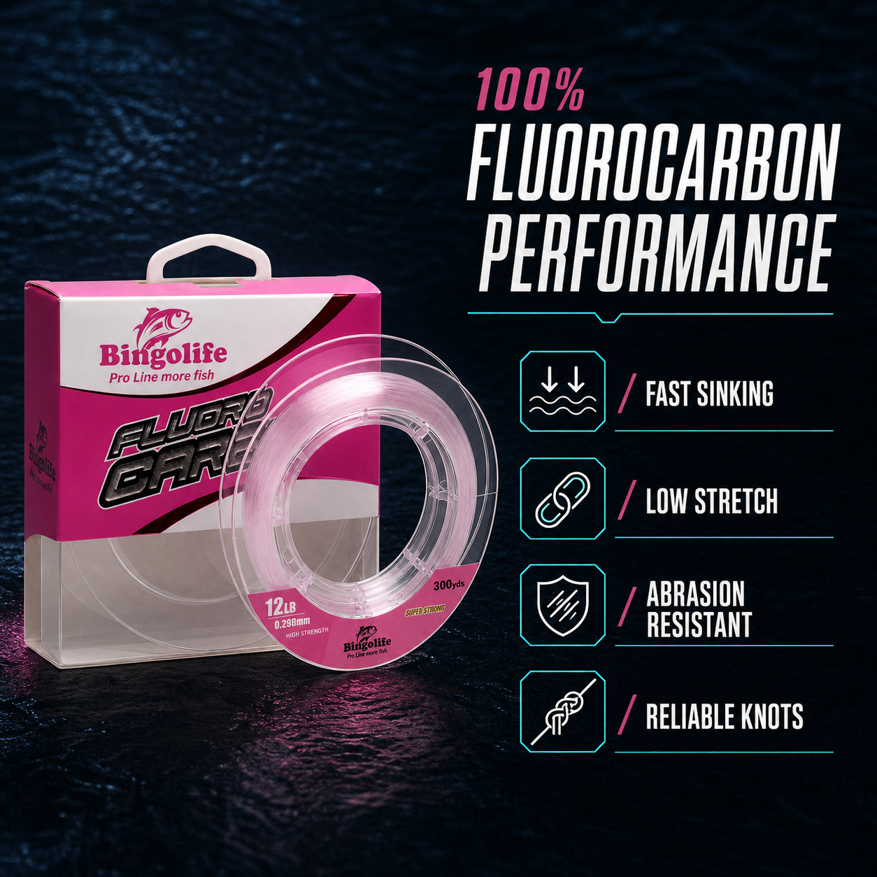 Bingolife 100% fluorocarbon performance features including fast sinking and low stretch
